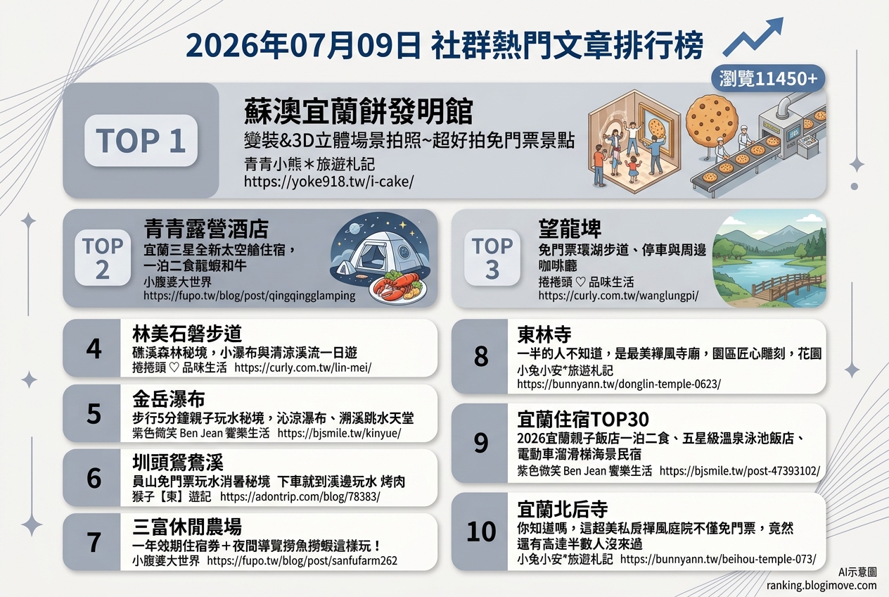 2026年07月09日| 宜蘭景點 | 熱門社群文章導讀：宜蘭消暑玩水、質感住宿與禪意寺廟巡禮 @Blogimove Ranking
