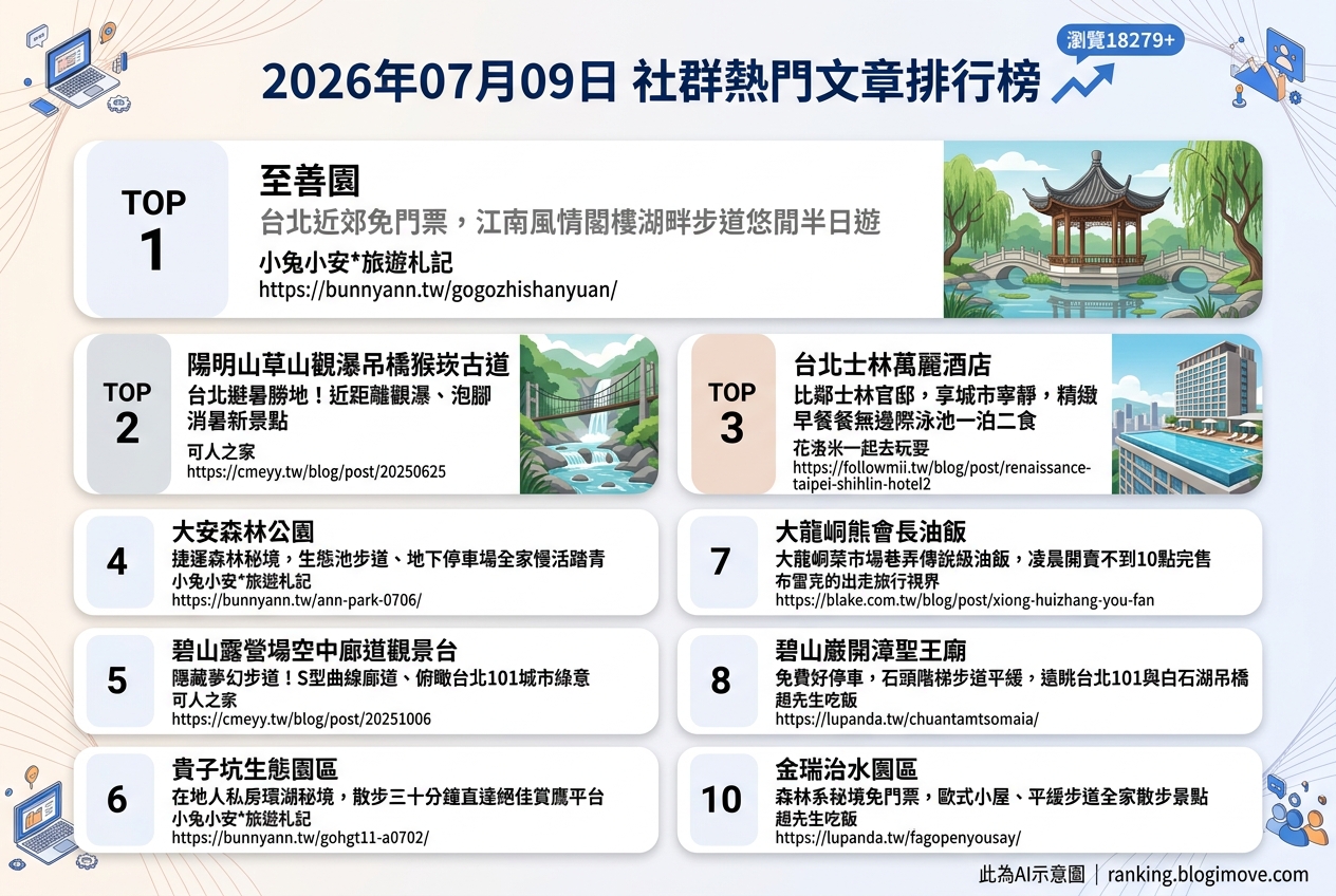 2026年07月09日 | 國內旅遊 | 熱門社群文章導讀：台北近郊免費景點、文青秘境與特色住宿 @Blogimove Ranking