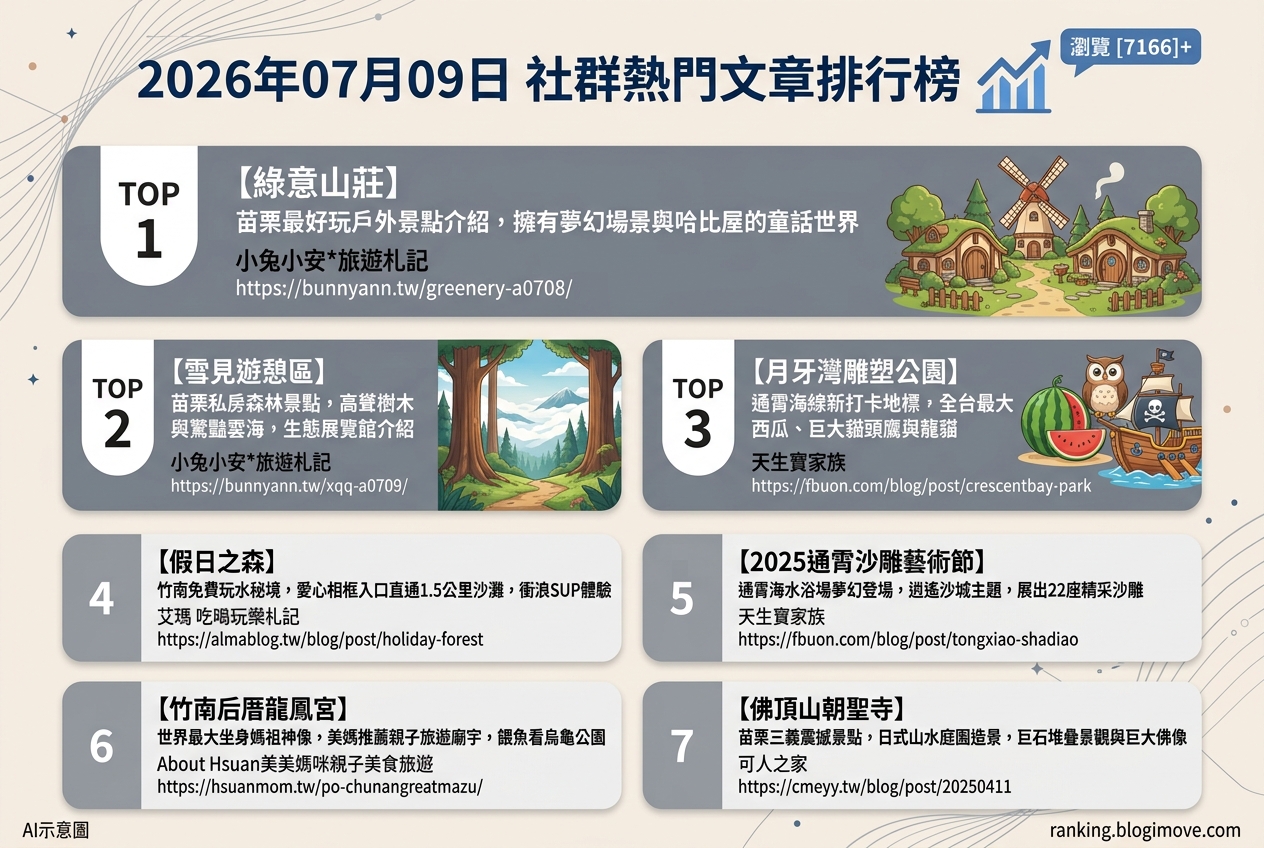 2026年07月09日| 苗栗景點 | 熱門社群文章導讀：苗栗私房秘境、大型裝置藝術與夏日沙雕節。 @Blogimove Ranking