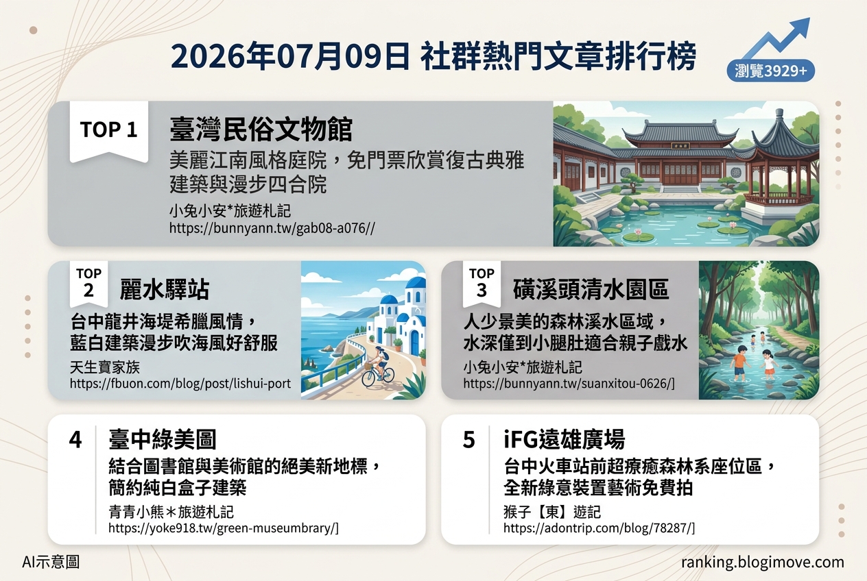 2026年07月09日| 台中景點 | 熱門社群文章導讀：江南庭院、希臘風情與綠意地標成焦點 @Blogimove Ranking