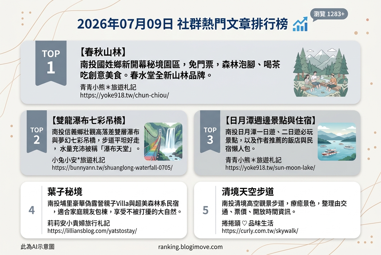 2026年07月09日 | 南投景點 | 熱門社群文章導讀：南投秘境、山林療癒與親子住宿新選擇 @Blogimove Ranking