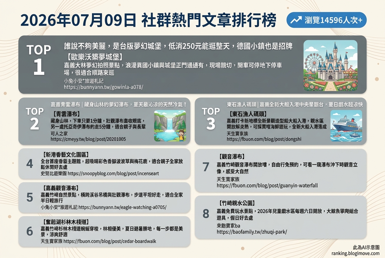 2026年07月09日 | 嘉義景點 | 熱門社群文章導讀：夢幻城堡、瀑布秘境與親子戲水點。 @Blogimove Ranking