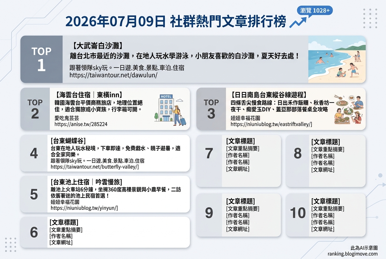 2026年07月09日| 國內旅遊 | 熱門社群文章導讀：基隆玩水、台東慢旅與韓國平價住宿 @Blogimove Ranking