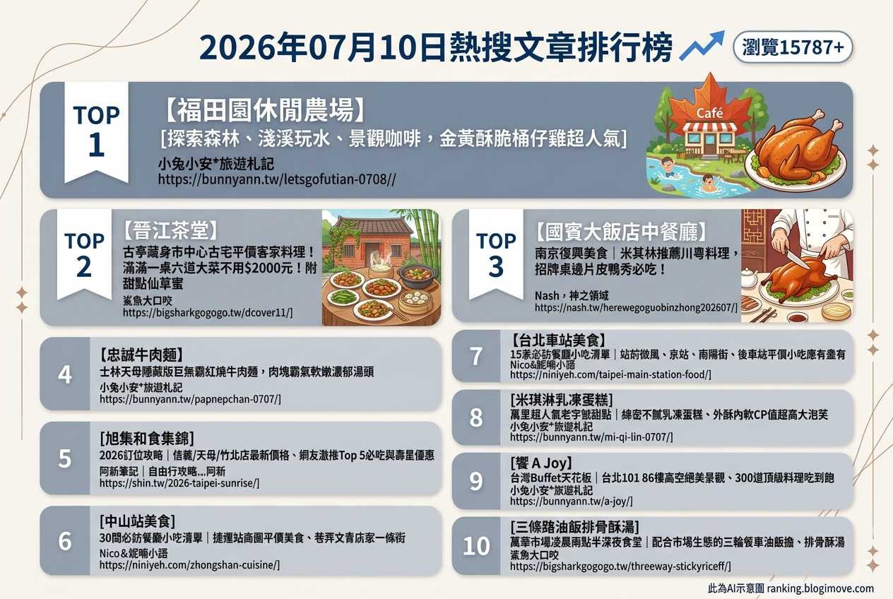 2026年07月10日| 台北美食 | 熱搜文章導讀：15787人次關注！台北在地美食、吃到飽饗宴與特色小吃總整理 @Blogimove Ranking