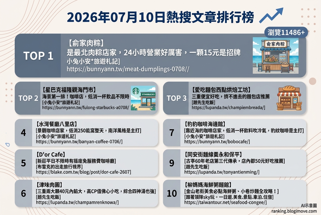 2026年07月10日| 新北美食 | 熱搜文章導讀：海景咖啡、在地小吃與吃到飽饗宴 @Blogimove Ranking
