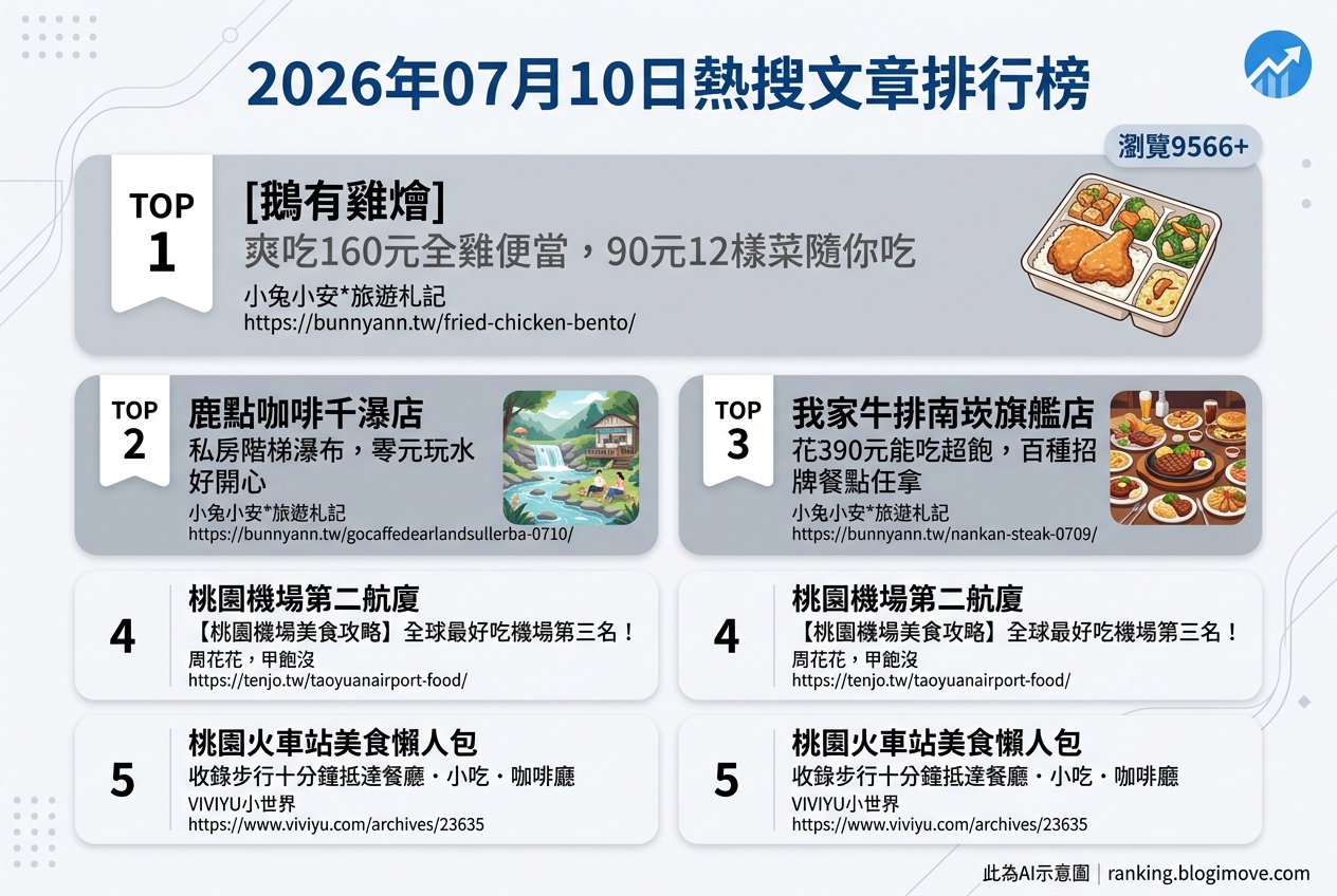 2026年07月10日 | 桃園美食 | 熱搜文章導讀：高CP值炸雞便當、私房瀑布咖啡廳與牛排吃到飽 @Blogimove Ranking