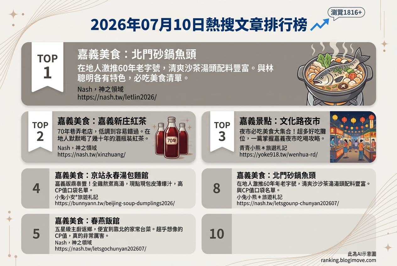 2026年07月10日 | 嘉義美食 | 熱搜文章導讀：砂鍋魚頭、老字號紅茶與家常台菜的在地美味 @Blogimove Ranking