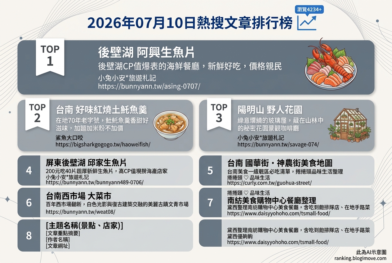 2026年07月10日| 美食 | 熱搜文章導讀：屏東生魚片、台南老店與陽明山秘境咖啡廳 @Blogimove Ranking