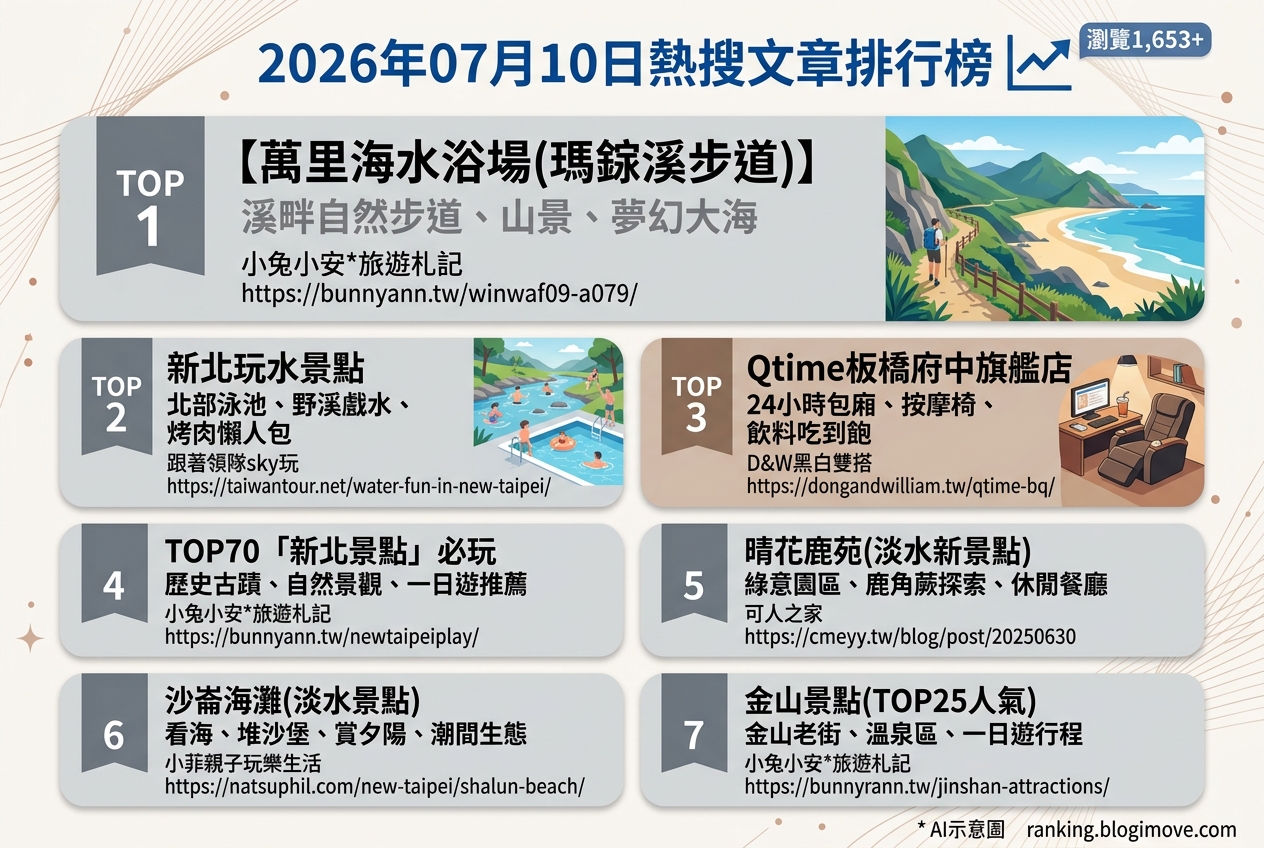 2026年07月10日| 國內旅遊 | 熱搜文章導讀：新北玩水景點、淡水新景點與金山一日遊行程攻略 @Blogimove Ranking