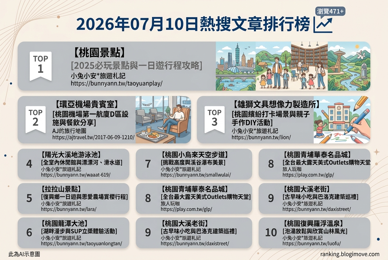 2026年07月10日 | 國內旅遊 | 熱門搜尋導讀：桃園景點、機場貴賓室與親子水上樂園 @Blogimove Ranking