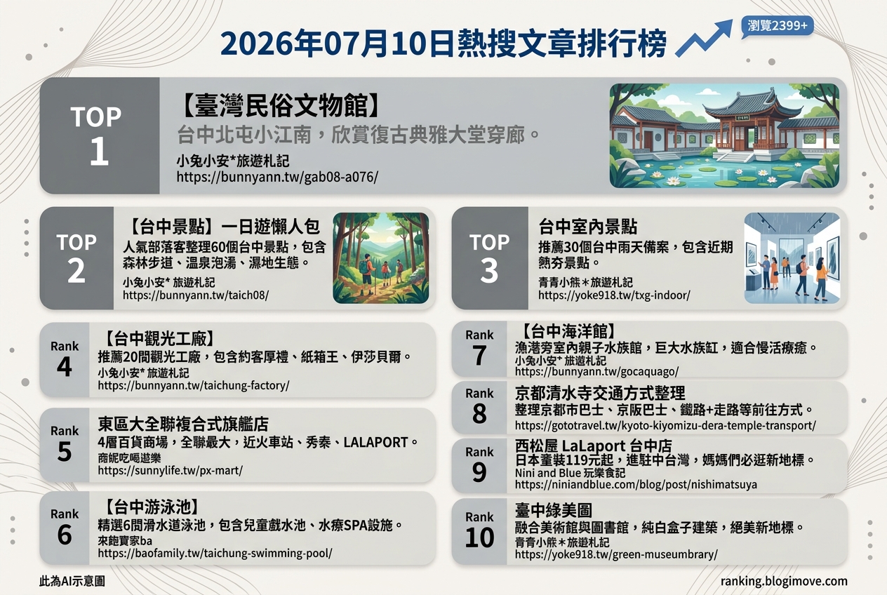 2026年07月10日| 國內旅遊 | 熱搜文章導讀：台中親子景點、雨天備案與特色公園夯！ @Blogimove Ranking