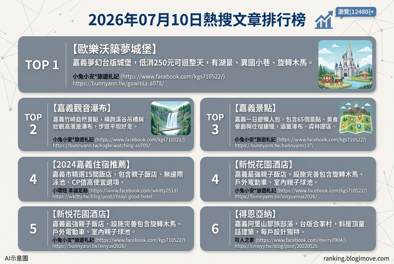 2026年07月10日 | 嘉義旅遊 | 熱搜文章導讀：夢幻城堡、瀑布秘境與親子住宿熱度攀升 @Blogimove Ranking
