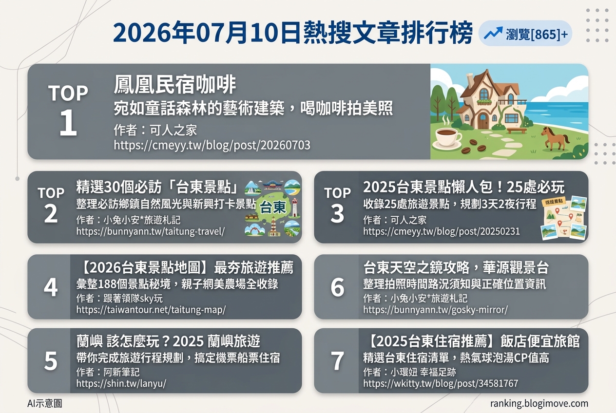 2026年07月10日 | 國內旅遊 | 熱搜文章導讀：台東必訪景點、藝術建築與離島攻略 @Blogimove Ranking
