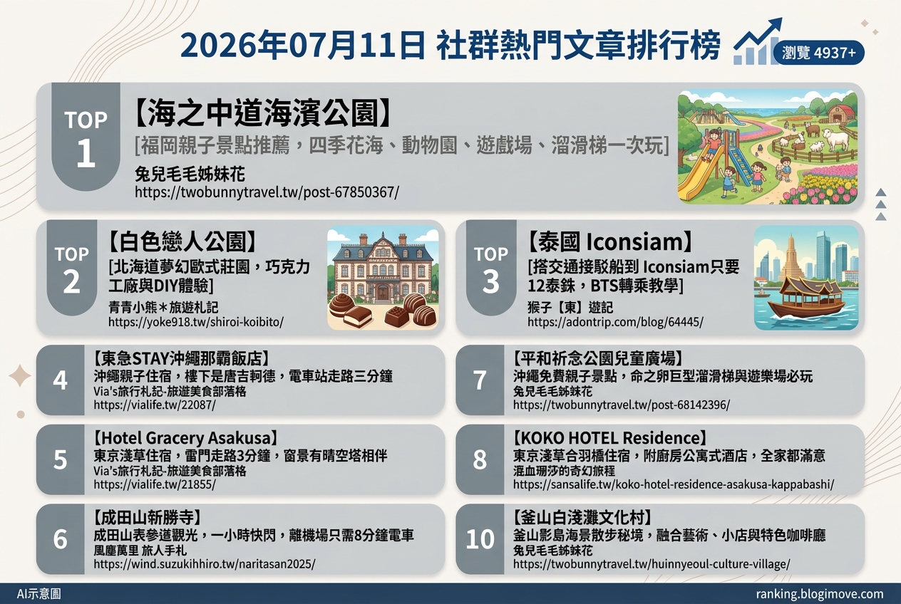 2026年07月11日| 國外旅行 | 熱門社群文章導讀:日本親子景點、沖繩親子住宿與東京淺草住宿指南 2026年07月11日| 國外旅行 | 熱門社群文章導讀:日本親子景點、沖繩親子住宿與東京淺草住宿指南 @Blogimove Ranking