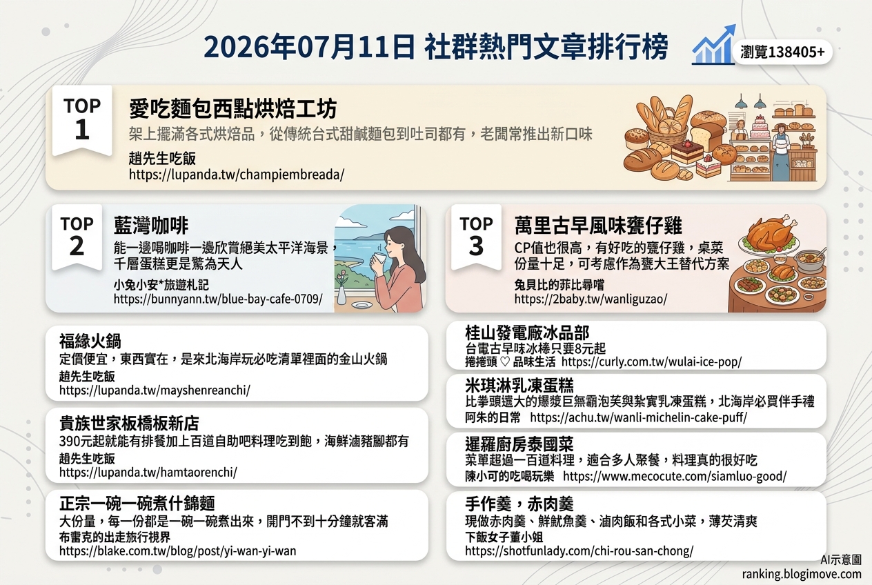 2026年07月11日 | 美食 | 熱門社群文章導讀：北海岸海景咖啡、三重銅板小吃與萬里在地伴手禮強勢登場 @Blogimove Ranking