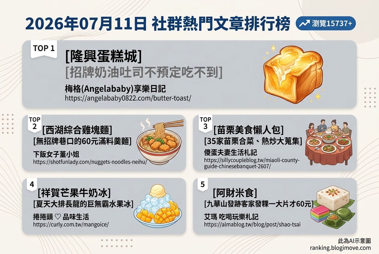 2026年07月11日 | 美食 | 熱門社群文章導讀：苗栗烘焙、內湖隱藏美味與夏日冰品。 @Blogimove Ranking