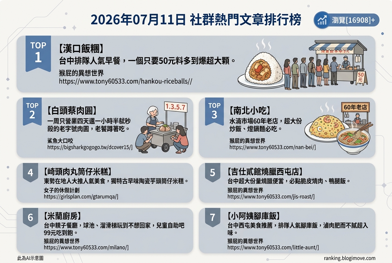 2026年07月11日| 台中美食 | 熱門社群文章導讀：在地人氣飯糰、秒殺肉圓與懷舊小吃 @Blogimove Ranking