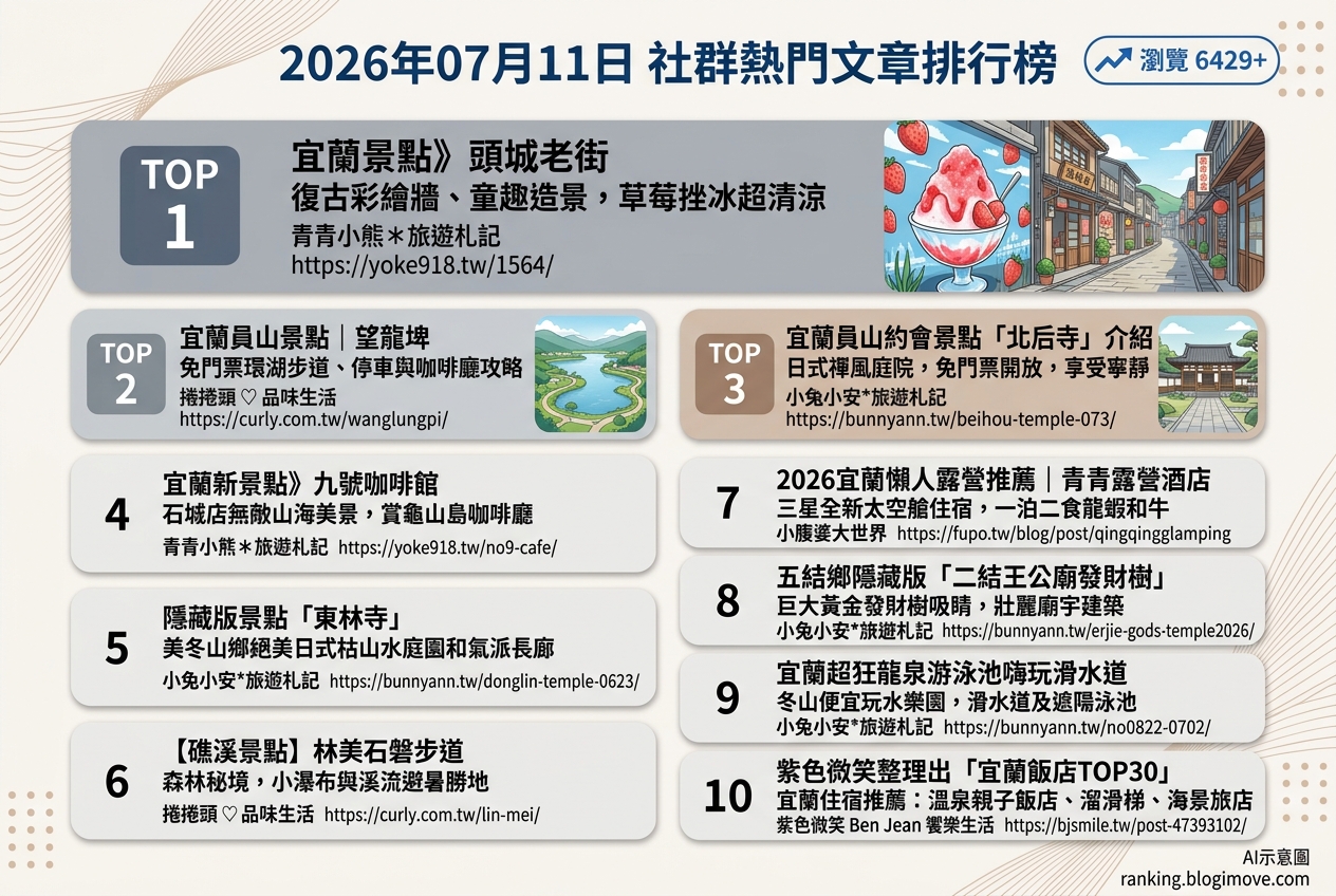 2026年07月11日| 宜蘭景點 | 熱門社群文章導讀：宜蘭頭城老街、員山望龍埤與礁溪秘境景點熱議 @Blogimove Ranking