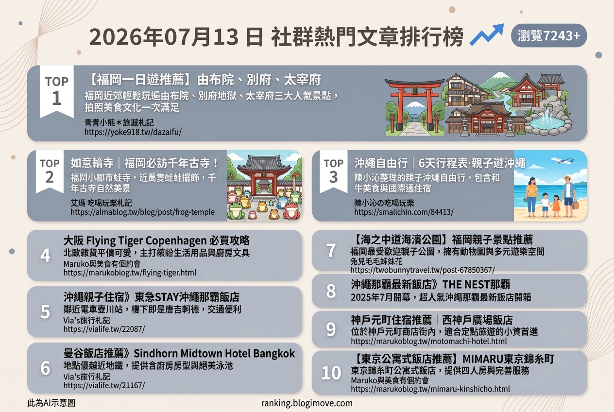 2026年07月13日 | 國外旅行 | 熱門社群文章導讀:福岡一日遊、沖繩親子景點與曼谷親子住宿熱潮 2026年07月13日 | 國外旅行 | 熱門社群文章導讀:福岡一日遊、沖繩親子景點與曼谷親子住宿熱潮 @Blogimove Ranking