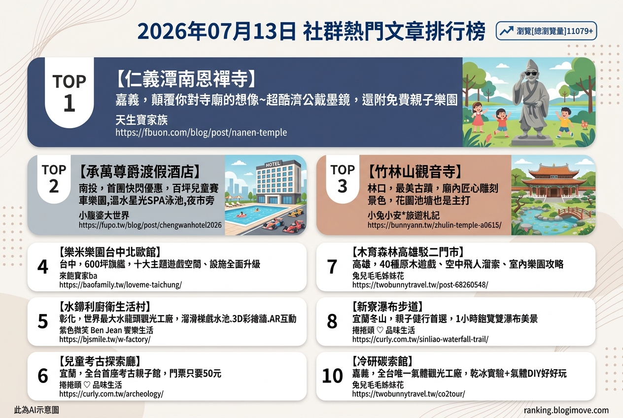 2026年07月13日| 親子旅行 | 熱門社群文章導讀:全台親子景點、消暑玩水與特色住宿精選 2026年07月13日| 親子旅行 | 熱門社群文章導讀:全台親子景點、消暑玩水與特色住宿精選 @Blogimove Ranking