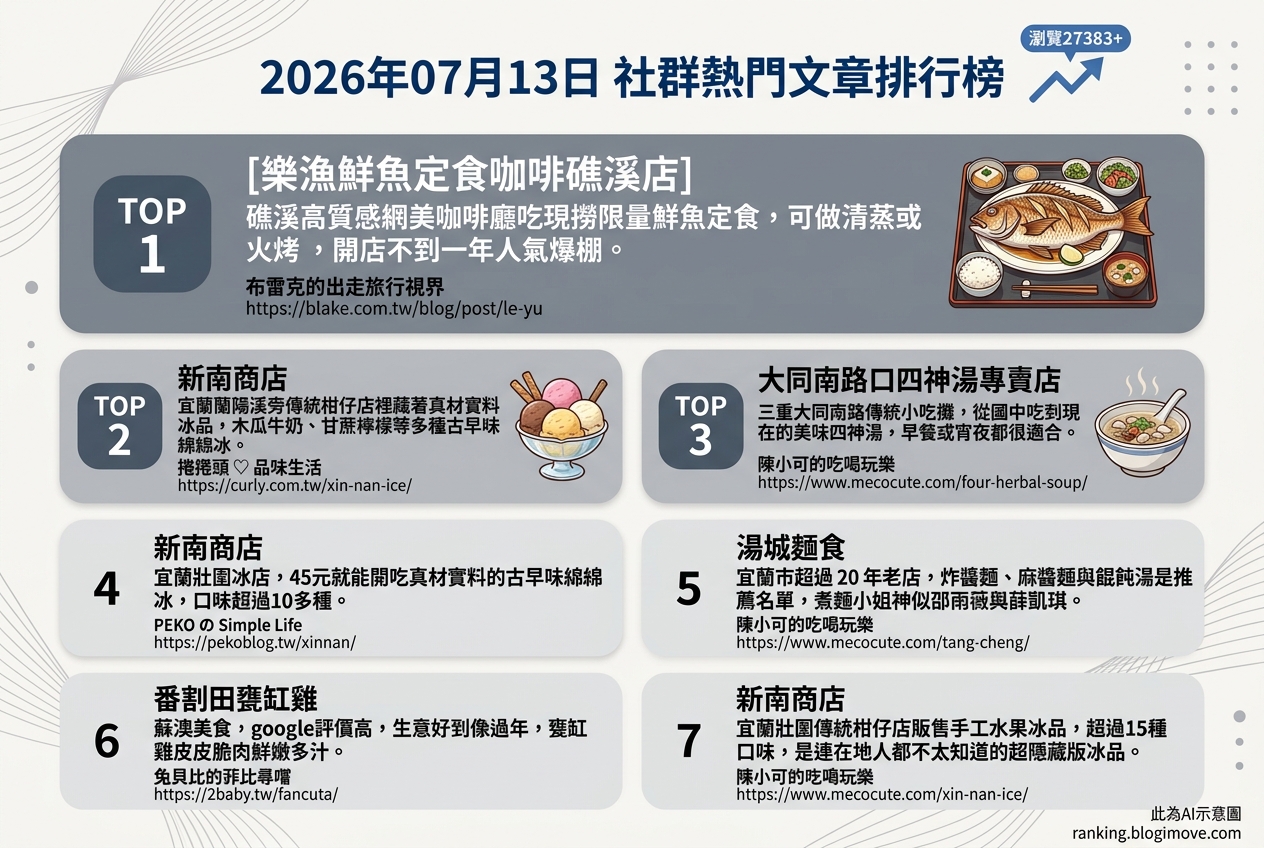 2026年07月13日 | 美食 | 熱門社群文章導讀：宜蘭海鮮定食、復古柑仔店冰品與在地麵食熱議 @Blogimove Ranking