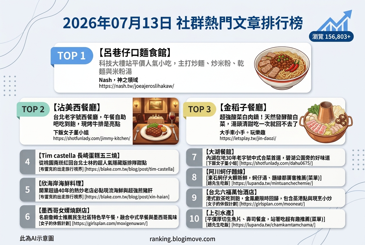 2026年07月13日 | 台北美食 | 熱門社群文章導讀：老字號西餐廳、人氣麵線與特色早午餐引領美食風潮 @Blogimove Ranking