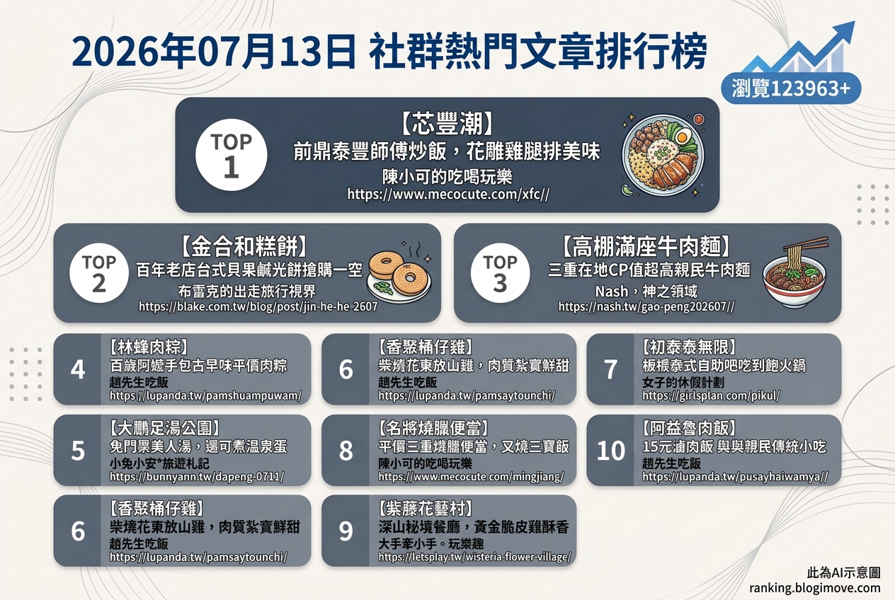 2026年07月13日 | 美食 | 熱門社群文章導讀：板橋鼎泰豐師傅炒飯、新莊百年鹹光餅與三重高人氣牛肉麵 @Blogimove Ranking