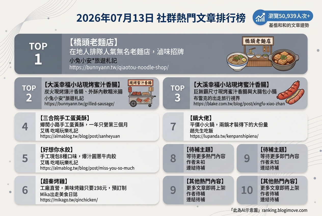 2026年07月13日| 桃園美食 | 熱門社群文章導讀：巷弄裡的在地麵店、烤香腸與手工蛋黃酥成焦點 @Blogimove Ranking