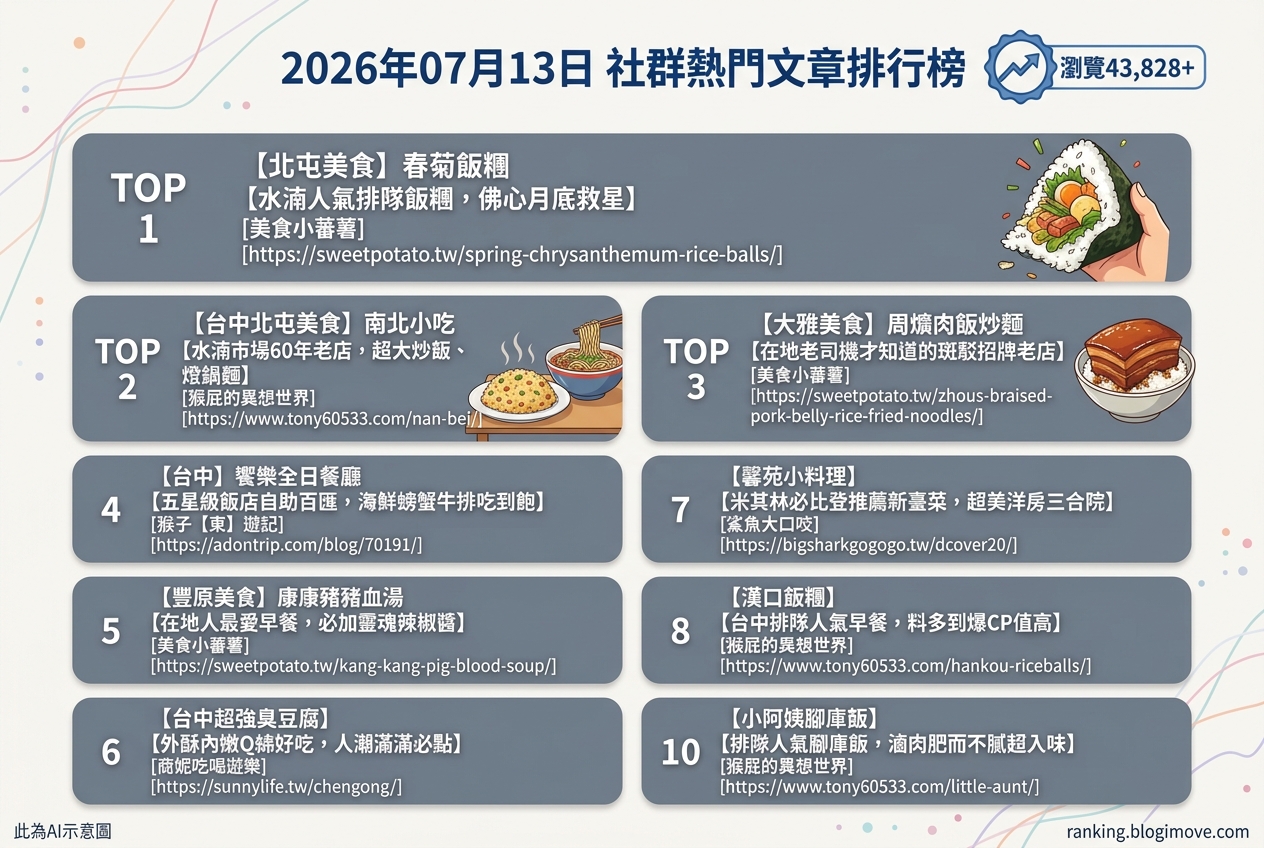 2026年07月13日| 台中美食 | 熱門社群文章導讀：人氣飯糰、在地老店與米其林台菜，饕客必訪攻略 @Blogimove Ranking