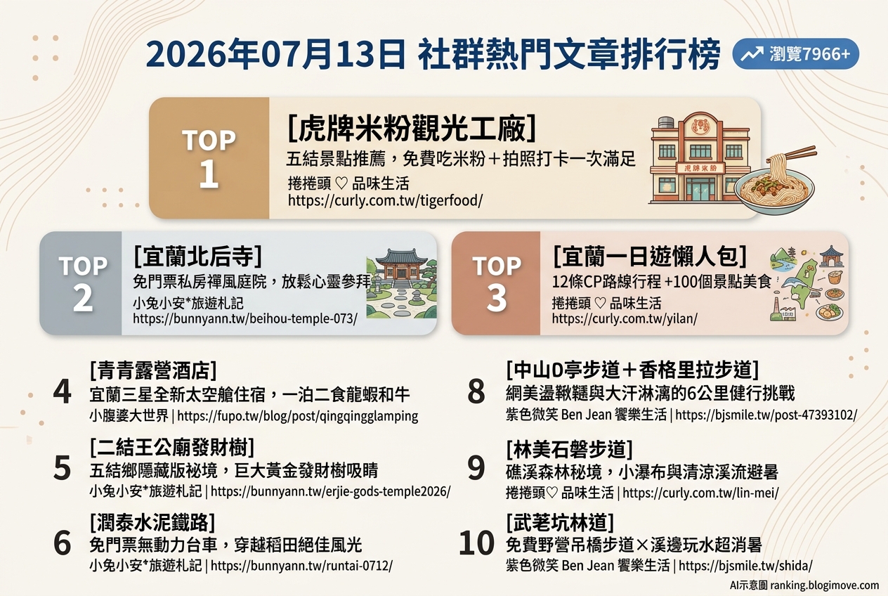 2026年07月13日 | 宜蘭景點 | 熱門社群文章導讀：宜蘭免費景點、親子住宿與秘境玩水熱點 @Blogimove Ranking