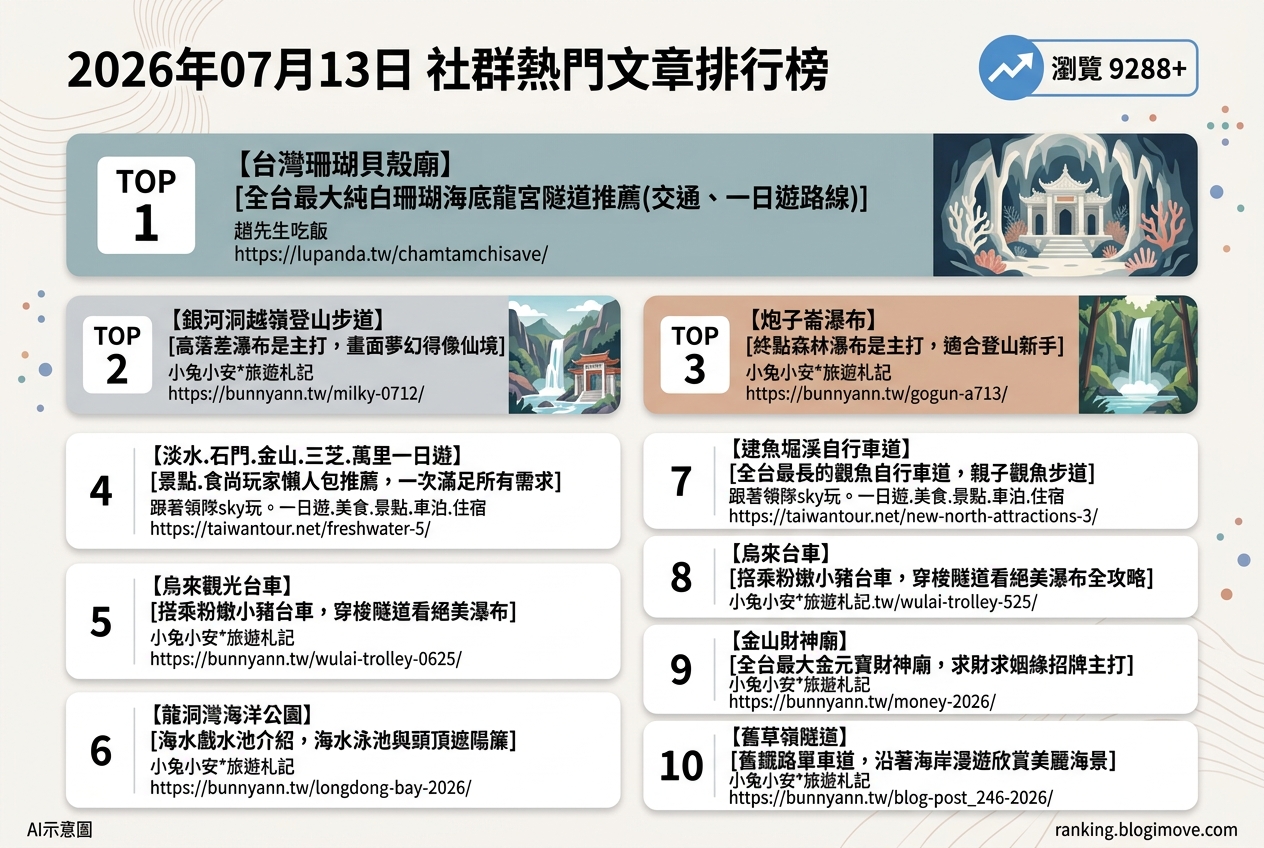 2026年07月13日| 國內旅遊 | 熱門社群文章導讀：新北親山戲水、懷舊鐵道與宗教文化亮點 @Blogimove Ranking