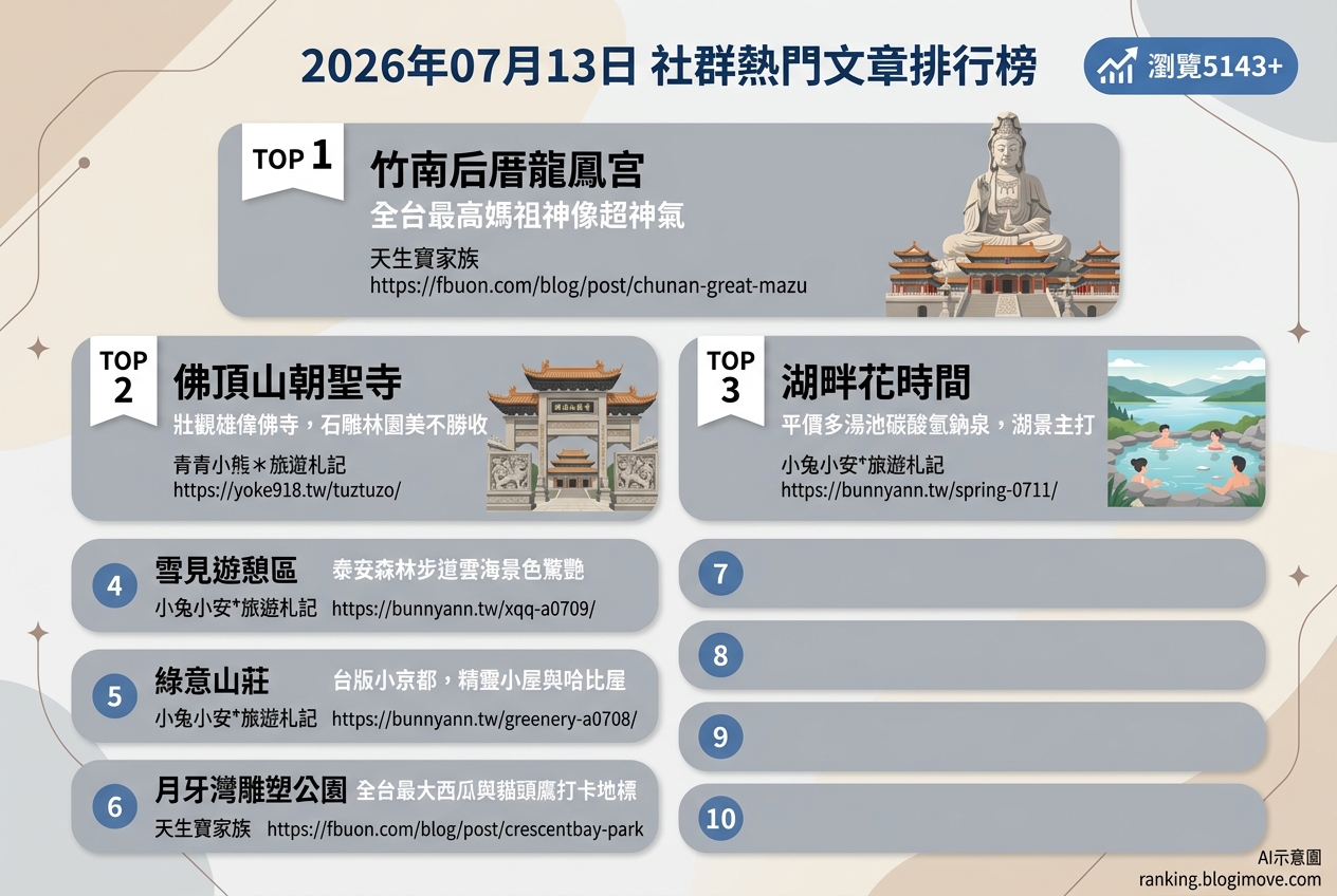 2026年07月13日 | 苗栗景點 | 熱門社群文章導讀：巨型媽祖像、湖畔溫泉與私房森林景點 @Blogimove Ranking