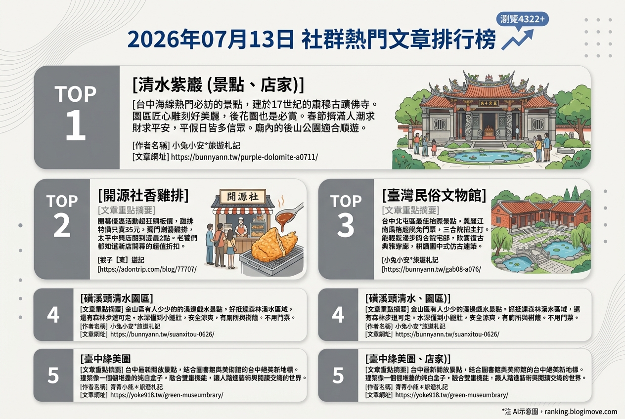 2026年07月13日| 國內旅遊 | 熱門社群文章導讀：台中紫雲巖、綠美圖與多處特色景點 @Blogimove Ranking