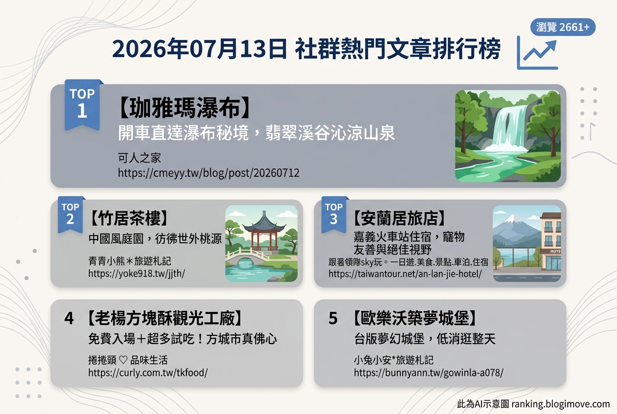 2026年07月13日| 嘉義景點 | 熱門社群文章導讀：嘉義瀑布秘境、中國風茶樓與城堡莊園。 @Blogimove Ranking