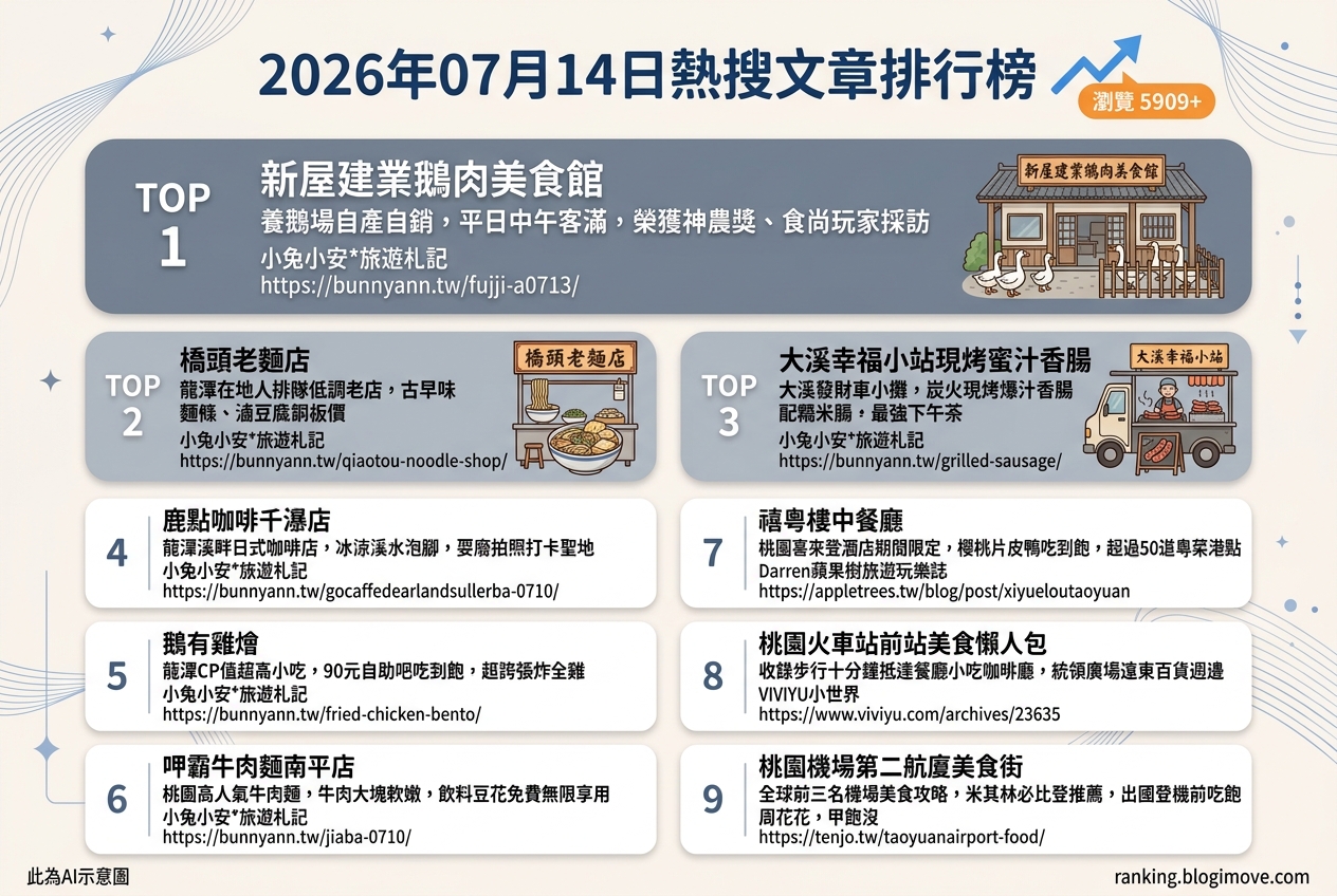2026年07月14日| 桃園美食 | 熱搜文章導讀：私房鵝肉、炸雞便當與港式吃到飽引領話題 @Blogimove Ranking