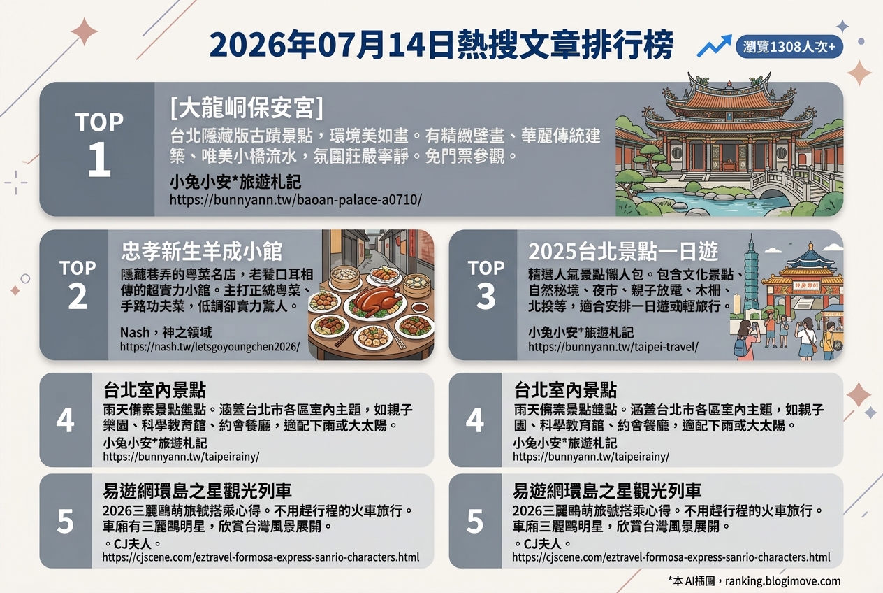 2026年07月14日| 國內旅遊 | 熱搜文章導讀：台北古蹟、巷弄美食與火車環島新體驗 @Blogimove Ranking
