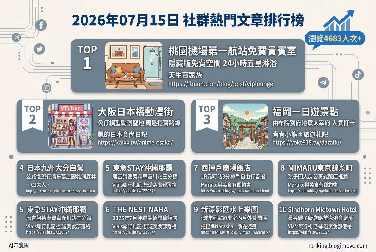 2026年07月15日 | 國外旅行 | 熱門社群文章導讀:日本九州、沖繩住宿與大阪景點搶先看 2026年07月15日 | 國外旅行 | 熱門社群文章導讀:日本九州、沖繩住宿與大阪景點搶先看 @Blogimove Ranking