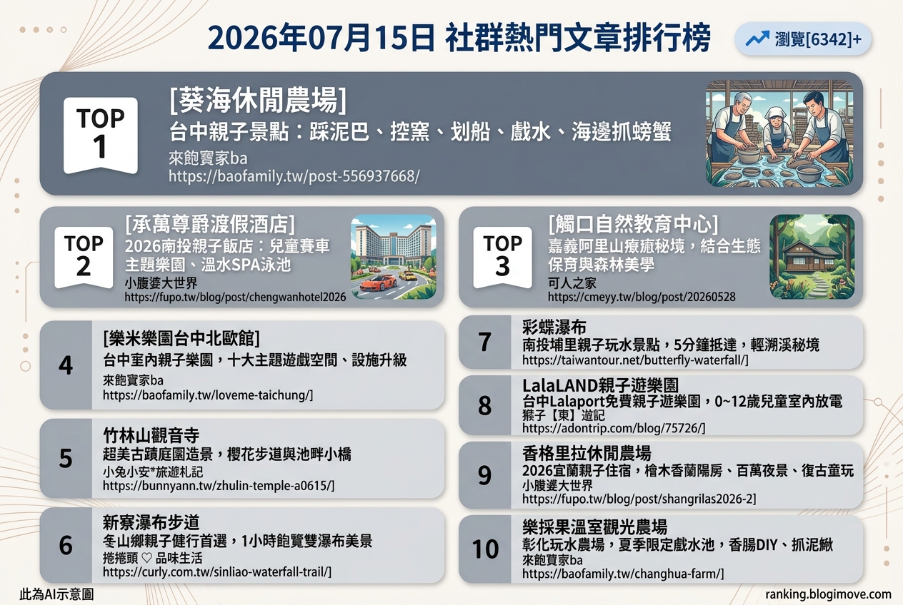 2026年07月15日 | 親子旅行 | 熱門社群文章導讀:夏日玩水、主題樂園與生態體驗,全台親子景點情報搶先看! 2026年07月15日 | 親子旅行 | 熱門社群文章導讀:夏日玩水、主題樂園與生態體驗,全台親子景點情報搶先看! @Blogimove Ranking