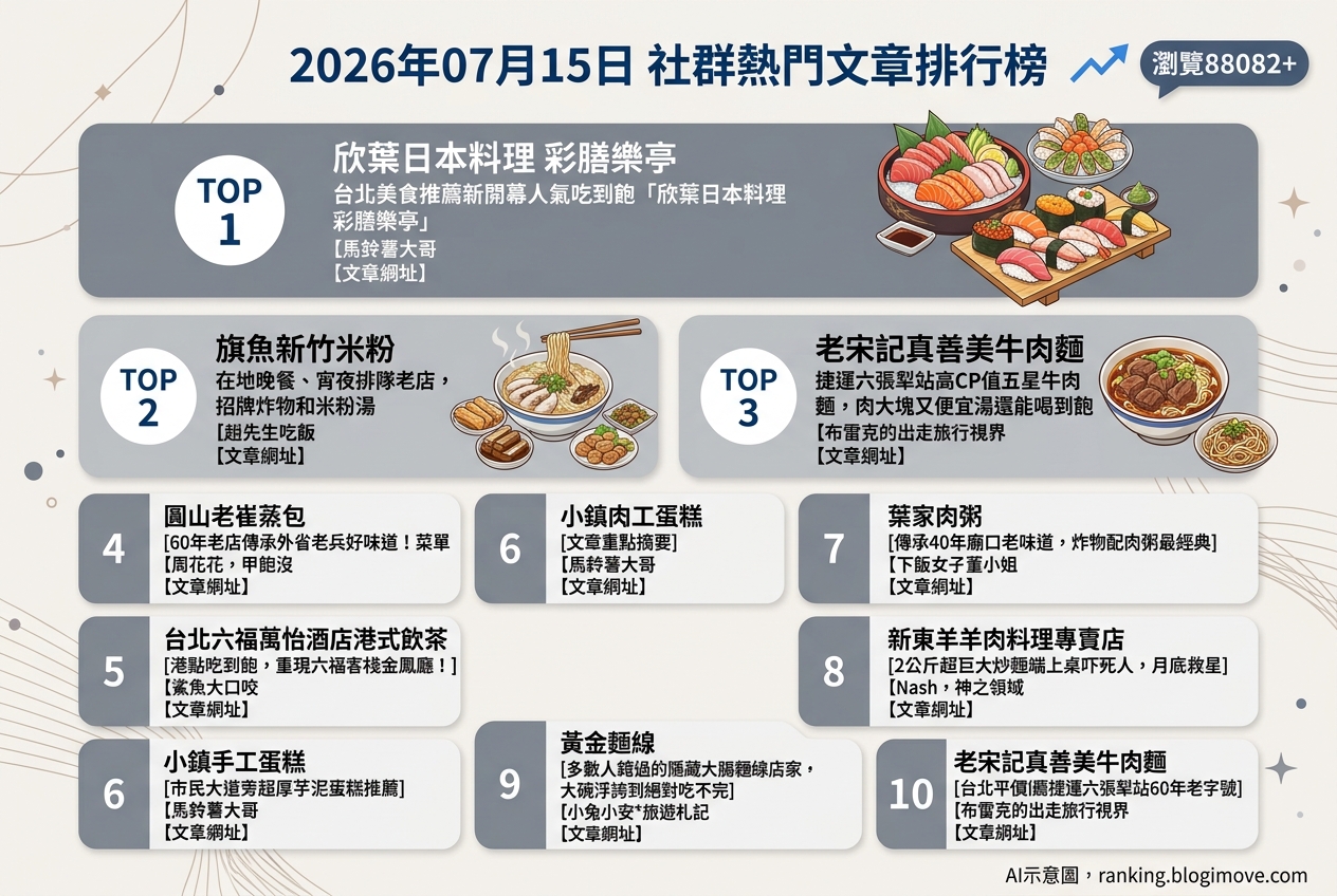 2026年07月15日| 台北美食 | 熱門社群文章導讀:超值牛肉麵、經典小吃與日式吃到飽引領話題 2026年07月15日| 台北美食 | 熱門社群文章導讀:超值牛肉麵、經典小吃與日式吃到飽引領話題 @Blogimove Ranking