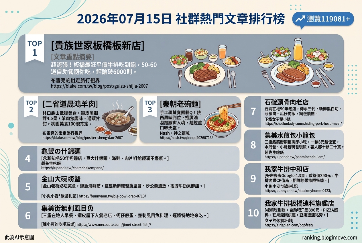 2026年07月15日 | 美食 | 熱門社群文章導讀:人氣牛排吃到飽、在地隱藏美食與銅板小吃 2026年07月15日 | 美食 | 熱門社群文章導讀:人氣牛排吃到飽、在地隱藏美食與銅板小吃 @Blogimove Ranking