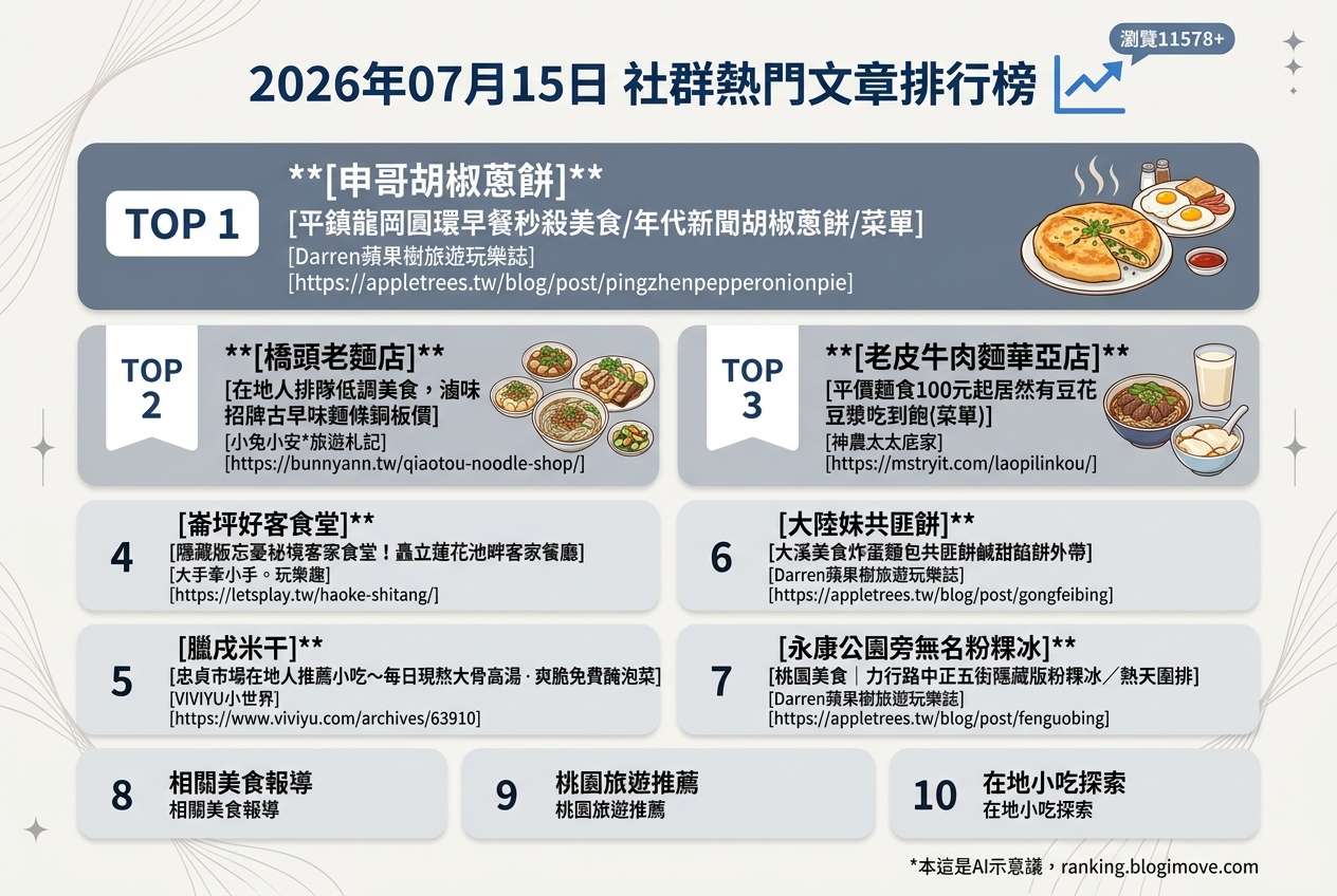 2026年07月15日| 桃園美食 | 熱門社群文章導讀:在地人激推!龍岡圓環早餐、隱藏版客家食堂與清涼粉粿冰一次掌握 2026年07月15日| 桃園美食 | 熱門社群文章導讀:在地人激推!龍岡圓環早餐、隱藏版客家食堂與清涼粉粿冰一次掌握 @Blogimove Ranking
