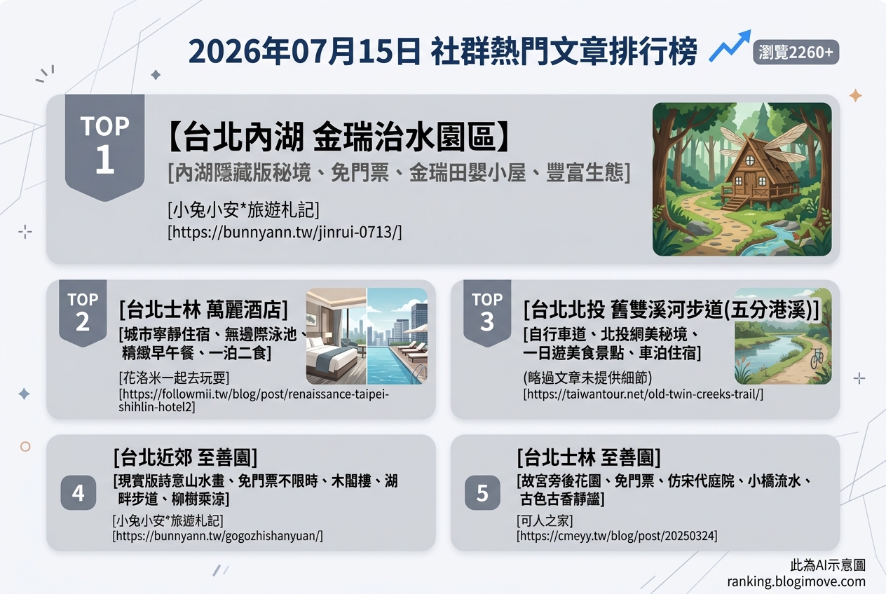 2026年07月15日 | 國內旅遊 | 熱門社群文章導讀:台北森林秘境、庭園景觀與都會酒店。 2026年07月15日 | 國內旅遊 | 熱門社群文章導讀:台北森林秘境、庭園景觀與都會酒店。 @Blogimove Ranking