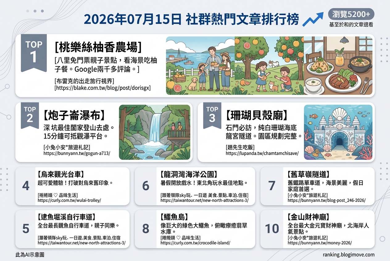 2026年07月15日 | 國內旅遊 | 熱門社群文章導讀:新北親子景點、海景秘境與特色農場。 2026年07月15日 | 國內旅遊 | 熱門社群文章導讀:新北親子景點、海景秘境與特色農場。 @Blogimove Ranking