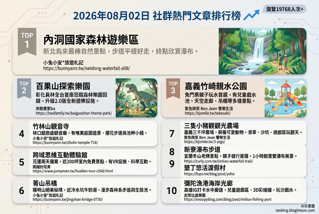 2026年08月02日| 親子旅行 | 熱門社群文章導讀：水上樂園、恐龍樂園與戶外親子景點熱度攀升 @Blogimove Ranking