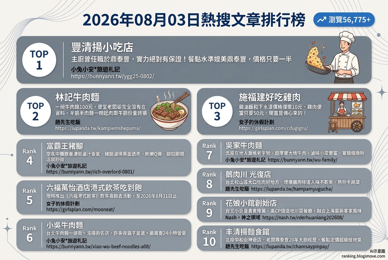 2026年08月03日| 台北美食 | 熱門搜尋文章導讀：前鼎泰豐師傅炒飯75元起、萬元帝王蟹吃到飽、人氣港點推薦 @Blogimove Ranking