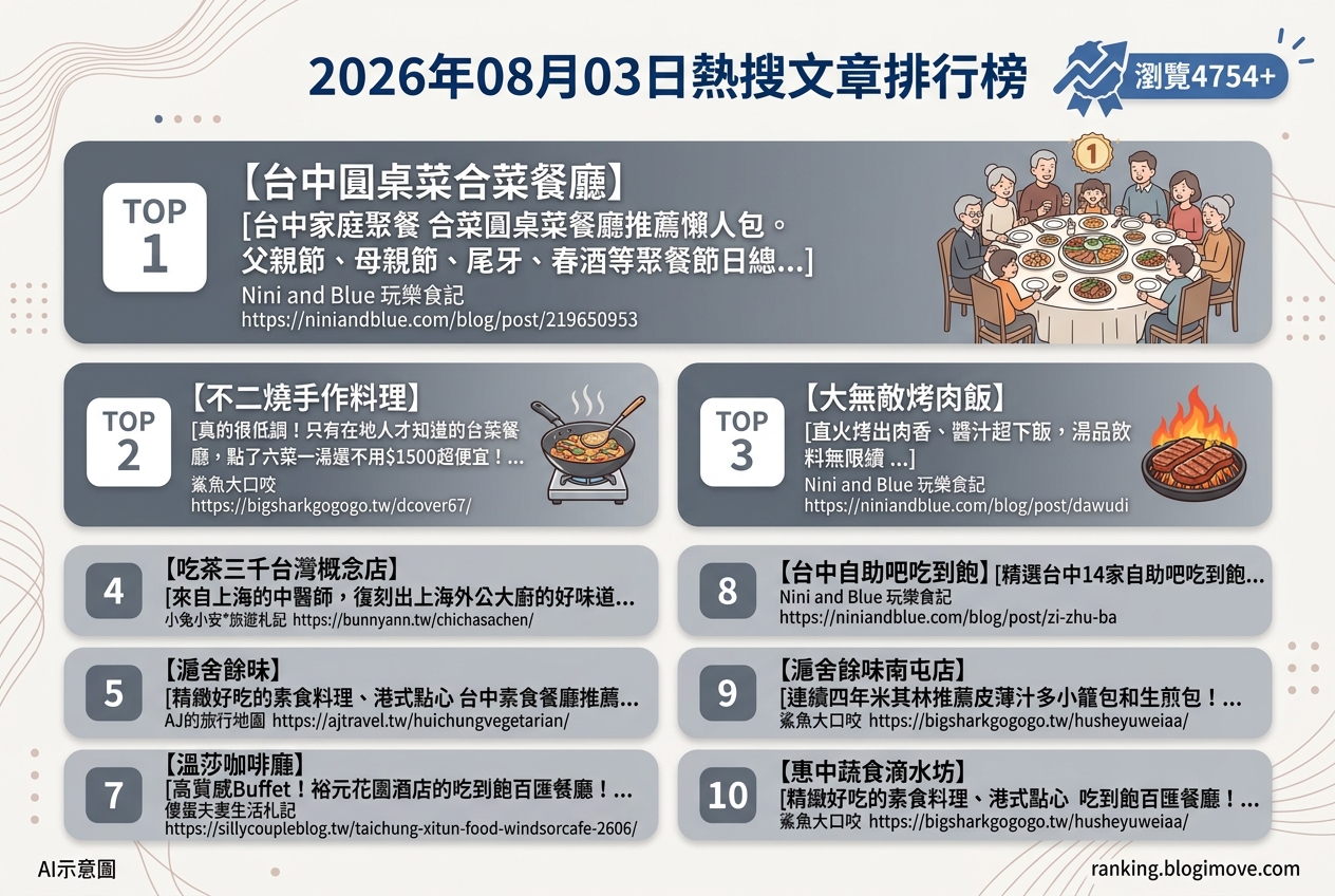 2026年08月03日 | 台中美食 | 熱搜文章導讀：家庭聚餐、在地美味與精緻飲品。 @Blogimove Ranking
