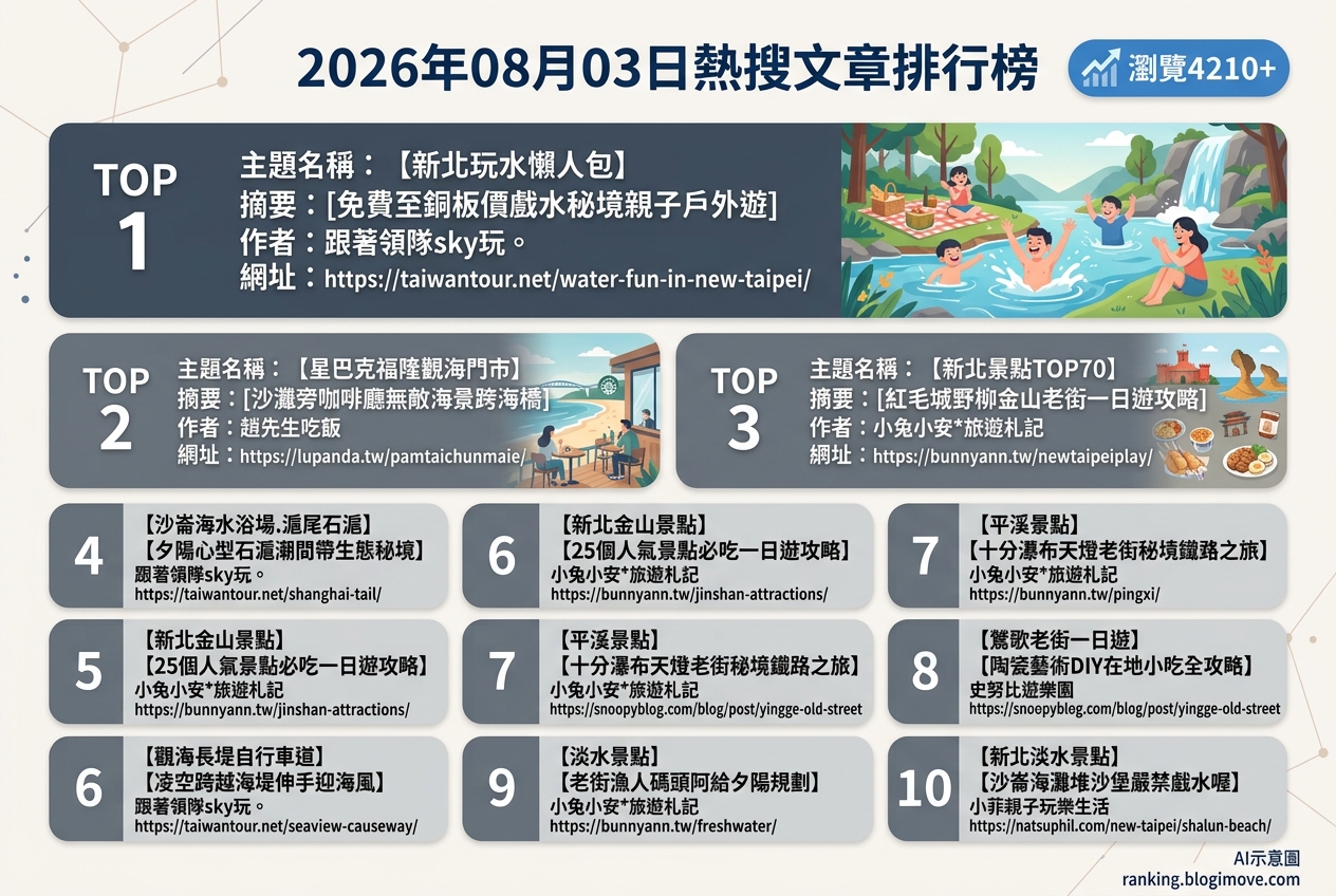 2026年08月03日| 國內旅遊 | 熱搜文章導讀：新北玩水、老街美食與海景景點人氣排行 @Blogimove Ranking