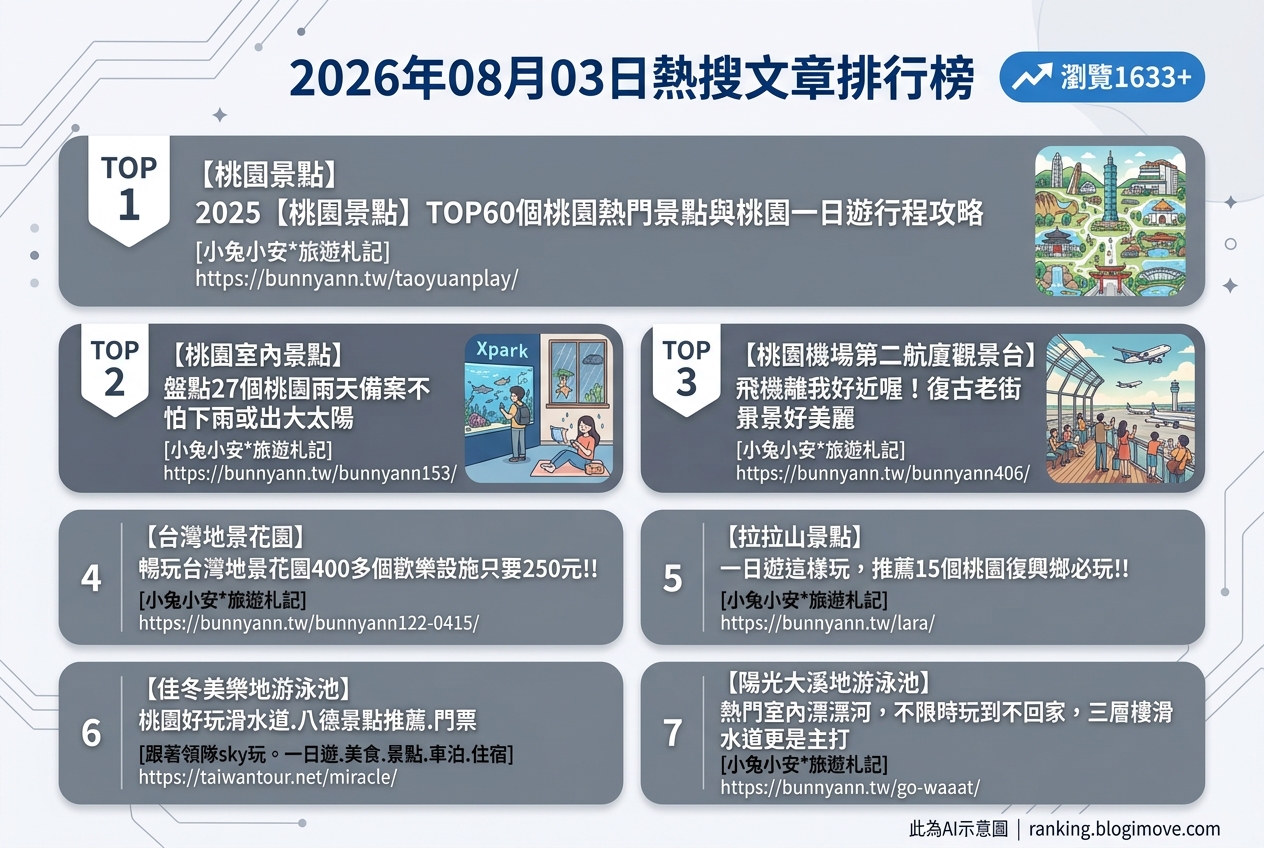 2026年08月03日 | 國內旅遊 | 熱搜文章導讀：桃園親子景點、雨天備案與機場觀景樂。 @Blogimove Ranking
