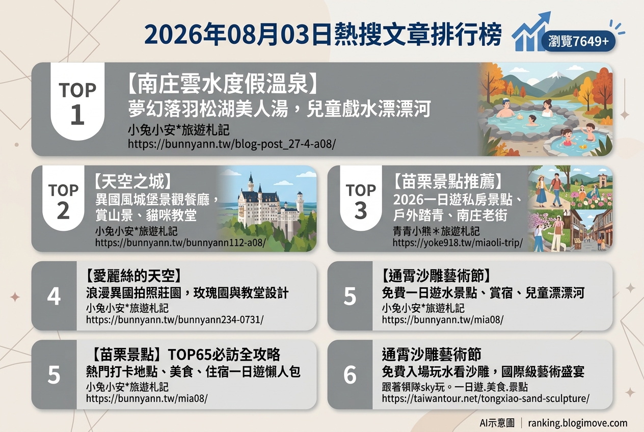 2026年08月03日 | 國內旅遊 | 熱搜文章導讀：苗栗景點、親子戲水與療癒溫泉 @Blogimove Ranking