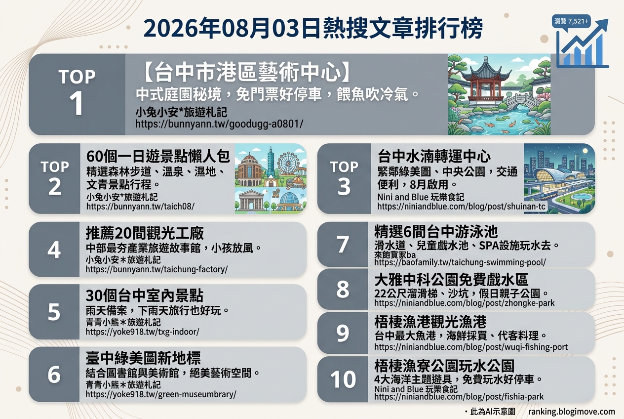 2026年08月03日| 台中景點 | 熱搜文章導讀：港區藝術中心、60個台中景點懶人包與水湳轉運中心啟用資訊 @Blogimove Ranking